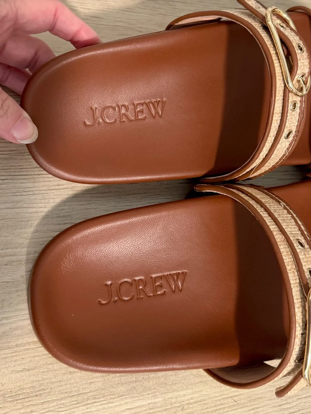 J. Crew Kira Double Strap Footbed Slides in Saddle Brown and Raffia Size 8 - NEW